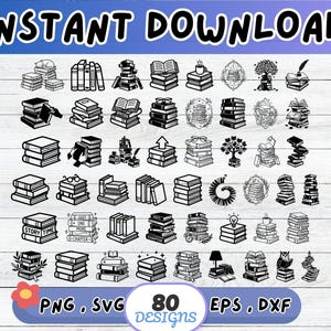 Bücherstapel-SVG-Bundle, literarische Dekoration (SVG, DXF-Schnittdatei für Cricut und Silhouette) | Sublimations-PNG, Schablone, Wandbild, Papierschnitt, Laserschnitt