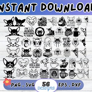 Peut inclure: Une collection de 56 designs graphiques numériques en noir et blanc représentant diverses illustrations de chiens Chihuahua. Les motifs incluent des textes comme I'M ALWAYS WATCHING, PEEK-A-BOO et I SEE YOU, avec des chiens sortant de tasses ou poches.