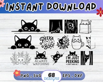 Peeking Cat SVG Bundle, Peeking Cat SVG Cut File for Cricut Silhouette | Sublimation PNG, Stencil, Wall Art, Paper Cut