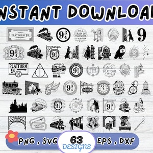 Könnte beinhalten: Eine digitale Download-Grafik mit 63 Designs, darunter Züge, Bahnsteig 9 3/4-Schilder und andere Illustrationen. Der Text "INSTANT DOWNLOAD" steht oben. Formate: PNG, SVG, EPS und DXF. Die Designs sind in Schwarzweiß gehalten.