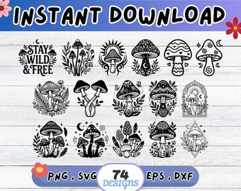 Boho Mushroom SVG Bundle, Boho Mushroom SVG Cut File for Cricut Silhouette | Sublimation PNG, Stencil, Wall Art, Paper Cut