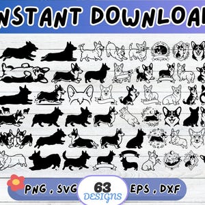 Può includere: Una collezione di 63 disegni di cani corgi in varie pose e stili, tra cui silhouette e illustrazioni dettagliate. L'immagine include il testo "INSTANT DOWNLOAD" e le opzioni di tipo di file: PNG, SVG, EPS e DXF.