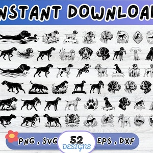 Könnte beinhalten: Eine digitale Sammlung von 52 schwarzen Silhouetten- und Strichzeichnungen von Hunden, darunter verschiedene Rassen in aktiven Posen, Porträts und gerahmten Designs. Der Text INSTANT DOWNLOAD, 52 DESIGNS, PNG, SVG, EPS, DXF ist deutlich zu sehen.