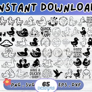 Könnte beinhalten: Eine Sammlung von 65 schwarz-weißen digitalen Grafikdesigns mit verschiedenen Entenillustrationen, darunter schwimmende, stehende und fliegende Enten, sowie Textphrasen wie "QUACK ME UP!", "DUCK, DUCK, RELAX", "ALWAYS JUST BEAKING MY HEART!", "HAVE A DUCKY DAY!" und "LUCKY DUCK".