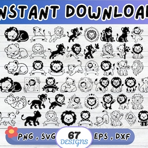 Puede incluir: Una colección de 67 diseños de leones en blanco y negro, con varias poses y estilos. La imagen incluye el texto "DESCARGA INSTANTÁNEA" y opciones de tipo de archivo: PNG, SVG, EPS y DXF.