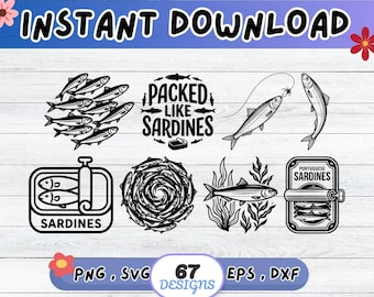 Sardines Fish SVG Bundle, Canned Fish SVG Cut File for Cricut Silhouette | Sublimation PNG, Stencil, Wall Art, Paper Cut