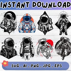 Pode incluir: Coleção de oito ilustrações de astronautas em várias poses e estilos. Os designs incluem arte de linha em preto e branco e ilustrações coloridas. O texto "INSTANT DOWNLOAD" e os formatos de arquivo também estão incluídos.