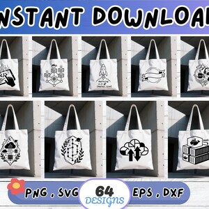Peut inclure: Plusieurs sacs fourre-tout blancs, chacun orn&eacute; d'un motif graphique noir distinct. Les motifs incluent une fus&eacute;e, une banni&egrave;re et des illustrations li&eacute;es &agrave; la technologie. L'image affiche &eacute;galement le texte "INSTANT DOWNLOAD" et les options de type de fichier.