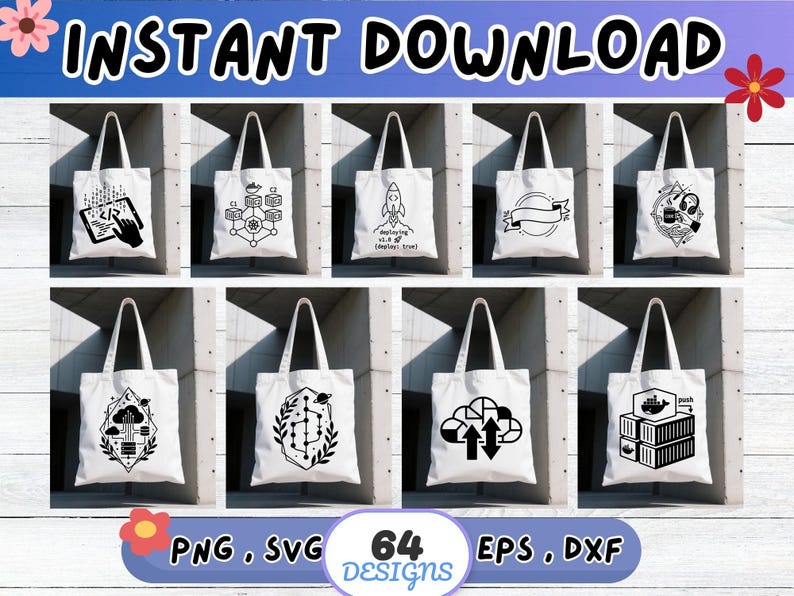 Peut inclure: Plusieurs sacs fourre-tout blancs, chacun orn&eacute; d'un motif graphique noir distinct. Les motifs incluent une fus&eacute;e, une banni&egrave;re et des illustrations li&eacute;es &agrave; la technologie. L'image affiche &eacute;galement le texte "INSTANT DOWNLOAD" et les options de type de fichier.