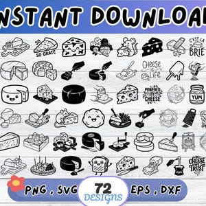 May include: A collection of 72 black and white digital illustrations featuring various cheese types, cheese boards, mice, graters, and text phrases like So So Grate, Cest La Brie, Cheese Is Life, Powered By Cheese, Yum, and In Cheese We Trust.