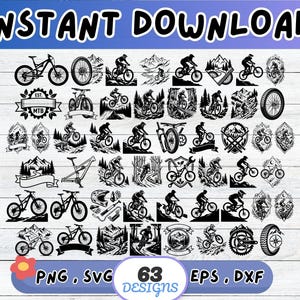 Op de afbeelding: Zwart-wit digitale ontwerpen met een mountainbiketthema. De afbeelding bevat illustraties van fietsen, rijders, berglandschappen en de tekst "INSTANT DOWNLOAD". De tekst "PNG, SVG, 63 DESIGNS, EPS, DXF" is ook aanwezig.