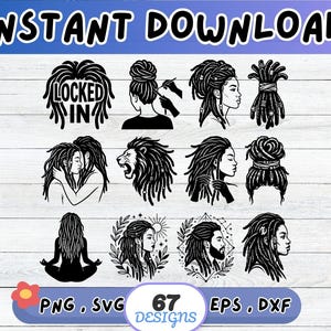 May include: A collection of black and white digital illustrations featuring various hairstyles with dreadlocks, including portraits of individuals, a lion, and a person in a meditative pose. The text "LOCKED IN" is included in one design, with "67 DESIGNS" below.