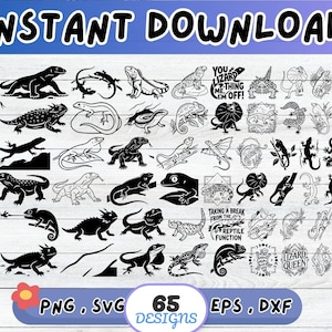 Könnte beinhalten: Eine digitale Sammlung von 65 schwarz-weißen Eidechsen-Illustrationen, darunter verschiedene Gecko-, Chamäleon- und Leguan-Motive. Das Bild enthält den Text INSTANT DOWNLOAD, PNG, SVG, EPS, DXF, 65 DESIGNS, YOU LIZARD THING ME I'M OFF und TAKING A BREAK FROM THE REPTILE FUNCTION.