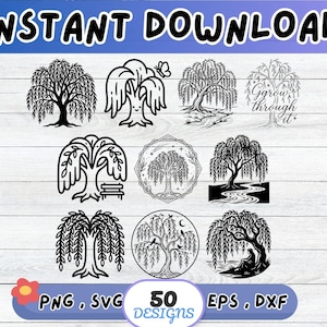 May include: A collection of nine black and white digital illustrations featuring various willow tree designs. The images include trees with flowing branches, a tree with a bench, a tree with a person sitting underneath, and one with the text Grow through it.