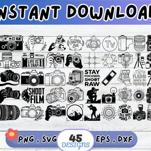 Könnte beinhalten: Eine Sammlung von 45 schwarz-weißen digitalen Grafikdesigns mit verschiedenen Kameras, Objektiven, Filmstreifen und fotografiebezogenen Texten wie "Life is a snap", "Stay focused, shoot raw" und "Snap it till you make it" zum sofortigen Download.