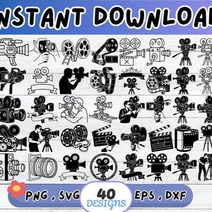May include: Black and white illustrations of vintage film cameras, film reels, and clapperboards. The words "INSTANT DOWNLOAD" are at the top. The image also includes the text "PNG, SVG, 40 DESIGNS, EPS, DXF".