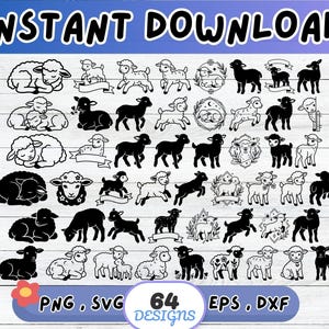 May include: A digital download graphic featuring 64 sheep designs in various poses and styles. The designs include black and white illustrations of sheep, lambs, and sheep with floral accents. The image includes the text "INSTANT DOWNLOAD" and file type information.