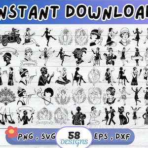 Può includere: Un set grafico scaricabile digitalmente con 58 disegni Art Déco in bianco e nero. Le illustrazioni includono ragazze flapper, auto d'epoca e note musicali. Il testo "INSTANT DOWNLOAD" è in alto.