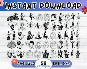 Flapper Girl SVG Bundle, Flapper Girl Cut File for Cricut Silhouette | Sublimation PNG, Stencil, Wall Art, Paper Cut