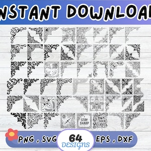 May include: A collection of 64 black and white corner design elements featuring intricate filigree, floral, and geometric patterns. The set includes text elements reading TURN A CORNER, STAY SHARP, and OWN YOUR CURVES, provided in PNG, SVG, EPS, and DXF formats.