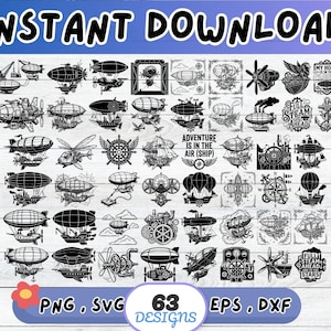 Op de afbeelding: Een verzameling van 63 zwart-witte digitale grafische ontwerpen met diverse luchtschepen, zeppelins, propellers, kompassen en nautische elementen in steampunk-stijl. De tekst bevat zinnen zoals MY HOME IS IN THE CLOUDS, FULL STEAM AHEAD en ADVENTURE IS IN THE AIR.
