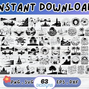 May include: A collection of 63 black and white digital graphic designs featuring sunset, nature, and outdoor themes. The set includes silhouettes of mountains, lighthouses, sailboats, palm trees, cacti, and people, along with text phrases like Sunsets Are My Favorite Color.