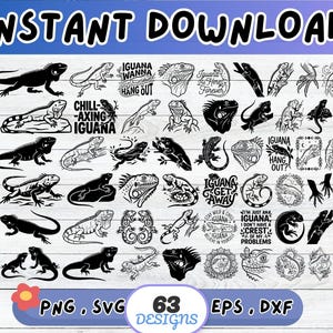 Puede incluir: Una colección digital de 63 ilustraciones de iguanas y diseños tipográficos en blanco y negro. El conjunto incluye varias siluetas de lagartos, retratos detallados y frases como Iguana Wanna Hang Out, Chill-axing Iguana e Iguana Get Away.