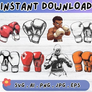 Puede incluir: Una ilustración con gráficos temáticos de boxeo. Se incluyen pares de guantes de boxeo rojos, negros, blancos y naranjas, junto con ilustraciones de un boxeador y un boxeador de dibujos animados. También está presente el texto "INSTANT DOWNLOAD" y los formatos de archivo.