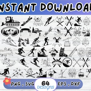 Puede incluir: Una colección de 64 diseños en blanco y negro con temática de esquí, que incluyen esquiadores, esquís, tablas de snowboard y paisajes de montaña. Las palabras "INSTANT DOWNLOAD" están en la parte superior. La imagen también incluye los tipos de archivo: PNG, SVG, EPS y DXF.