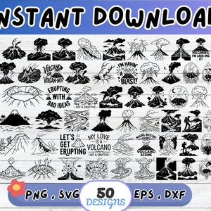 May include: A collection of 50 black and white digital graphic designs featuring various volcano illustrations, erupting mountains, lava flows, and text phrases like I'm Havin A Blast, Erupting With Bad Ideas, and My Love Is A Volcano.