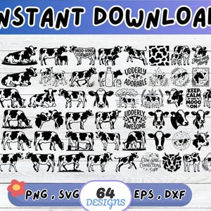 Peut inclure: Graphique de téléchargement numérique avec 64 motifs de vaches en noir et blanc. Les motifs comprennent des illustrations de vaches, des phrases sur le thème des vaches et des motifs de vaches. Le texte "TÉLÉCHARGEMENT INSTANTANÉ", "PNG, SVG, EPS, DXF" et "64 MOTIFS" est inclus.