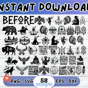 Puede incluir: Una colección digital de 58 diseños de siluetas negras con temas nativos americanos, incluyendo águilas, atrapasueños, tipis, osos y bisontes. Los elementos de texto incluyen frases como WALK TALL AS THE TREES y FOLLOW THE TRAIL OF YOUR DREAMS.