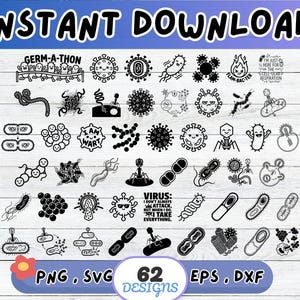 Può includere: Una collezione di 62 design grafici in bianco e nero raffiguranti vari microrganismi, virus e batteri. Il set include illustrazioni di cellule, batteriofagi e design umoristici basati su testo come Germ-A-Thon e Virus.