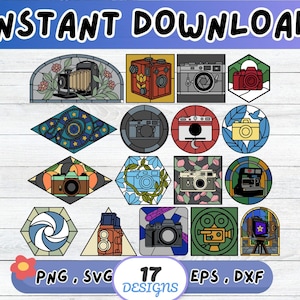 May include: A collection of 17 camera designs in various shapes, including hexagons, circles, and diamonds. The designs feature different camera styles, colors, and floral accents. The words "INSTANT DOWNLOAD" are at the top, and "PNG, SVG, EPS, DXF" are at the bottom.