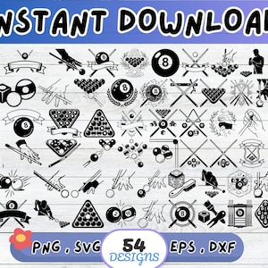Pode incluir: Uma coleção de 54 designs em preto e branco com tema de bilhar, incluindo bolas de bilhar, tacos e triângulos. As palavras "INSTANT DOWNLOAD" estão no topo. Formatos: PNG, SVG, EPS e DXF.