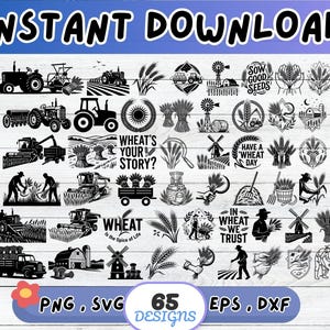 Könnte beinhalten: Eine Sammlung von 65 schwarz-weißen digitalen Grafikdesigns mit landwirtschaftlichen Motiven, darunter Traktoren, Weizenähren, Windmühlen, Scheunen und Landwirte. Der Text enthält Phrasen wie SOW GOOD SEEDS, HAVE A WHEAT DAY und IN WHEAT WE TRUST.