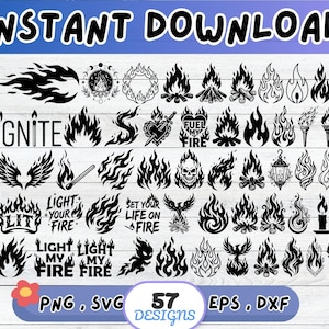 Op de afbeelding: Een digitale collectie van 57 zwart-wit grafische ontwerpen met vlamthema, inclusief diverse vuurillustraties, kampvuren, fakkels, kaarsen en teksten zoals IGNITE, FUEL MY FIRE, LIT, LIGHT YOUR FIRE en SET YOUR LIFE ON FIRE.
