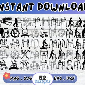 Medicinsk Walker SVG-paket, Medicinsk Walker-klippfil för Cricut Silhouette | Sublimering PNG, Schablon, Väggkonst, Pappersklipp