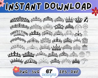 Puede incluir: Una colección de 67 diseños de siluetas negras de tiaras y coronas dispuestas en una cuadrícula. La imagen incluye varios patrones intrincados, motivos florales y frases de texto como TIARA'D OF THE DRAMA, I DON'T SWEAT, SPARKLE, SPARKLE LIKE YOUR TIARA'S ON STRAIGHT, QUEEN OF EVERYTHING, CROWNED & CONFIDENT, READY TO RULE y la letra T.