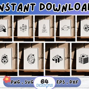 Peut inclure: Ensemble de 64 motifs num&eacute;riques en formats PNG, SVG, EPS et DXF. Chaque motif est une illustration en noir et blanc sur fond blanc, encadr&eacute;e et pr&eacute;sent&eacute;e sur une &eacute;tag&egrave;re en bois. Les motifs incluent des graphiques li&eacute;s &agrave; la technologie et le texte "INSTANT DOWNLOAD".