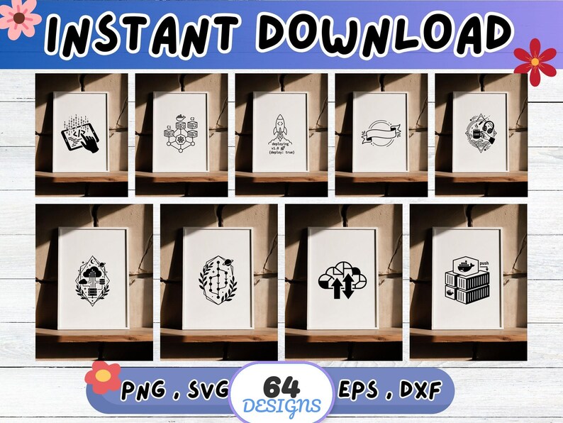 Peut inclure: Ensemble de 64 motifs num&eacute;riques en formats PNG, SVG, EPS et DXF. Chaque motif est une illustration en noir et blanc sur fond blanc, encadr&eacute;e et pr&eacute;sent&eacute;e sur une &eacute;tag&egrave;re en bois. Les motifs incluent des graphiques li&eacute;s &agrave; la technologie et le texte "INSTANT DOWNLOAD".