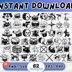 Op de afbeelding: Zwart-wit illustraties van drumstellen met de tekst "INSTANT DOWNLOAD" bovenaan. De afbeelding bevat 62 ontwerpen in PNG-, SVG-, EPS- en DXF-formaten, met verschillende drumkits en percussie-instrumenten.