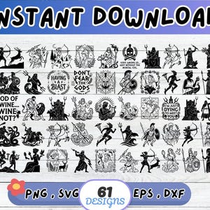 Peut inclure: Une collection numérique de 61 motifs graphiques en noir et blanc représentant des figures, divinités et guerriers de la mythologie grecque. L'ensemble comprend diverses illustrations de dieux, déesses et créatures mythiques avec du texte.