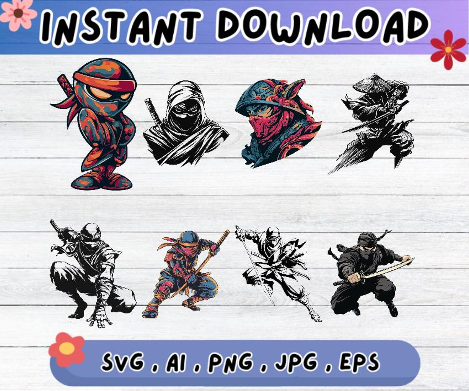 Ninja SVG Clipart Bundle: Vector Cut Files for DIY Crafts (digital ...