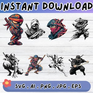 Ninja SVG-clipartbundel: vectorbestanden voor knutselen (digitale download)