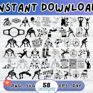 May include: A collection of 58 black graphic designs featuring wrestling themes, including wrestlers in various holds, championship belts, referee figures, and text phrases like 'Wrestling: My Therapy' and 'Suds & Slams' in a digital file format.