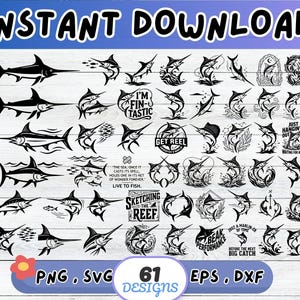 May include: A collection of 61 black and white digital graphic designs featuring various illustrations of marlin fish, some accompanied by fishing-themed text such as I'M FIN-TASTIC, GET REEL, and SKETCHING THE REEF, presented in a grid layout.
