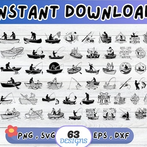 May include: A collection of 63 black silhouette graphic designs featuring fishing themes, including people in boats, fishing rods, nets, and fish. The text includes phrases like REEL LIFE HOOKED ON THE WATER, REELIN IT IN, and REELIN IN THE YEARS.