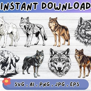 Wolf SVG Bundle, Wolf Clipart Design, Schnittdateien für Abziehbild, Sublimationsvektor für Wandkunst-Dekor, Png