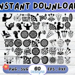 Peut inclure: Une collection de 60 motifs graphiques numériques en noir et blanc représentant des cibles de fléchettes, des fléchettes, des mains tenant des fléchettes et des silhouettes de joueurs. Le texte inclut des phrases comme STAY ON TARGET et 180.